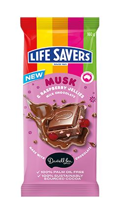 Darrell Lea Lifesavers Musk & Raspberry Jellies Milk Chocolate Block (160g)
